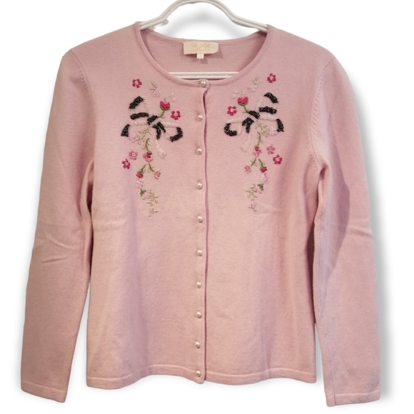 Vintage Italian Merino Wool and Silk Embroidered and Beaded Pink Cardigan Medium - Picture 15 of 15